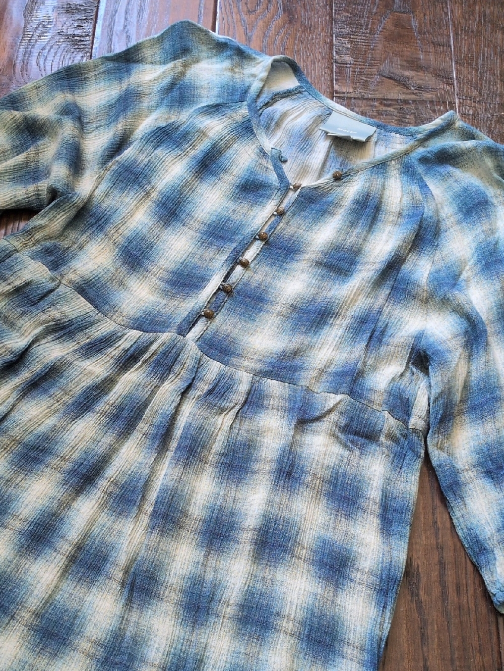 ANTHRO I Teal Blue Plaid Cavalon Flowy Peplum Tunic Top by Maeve, XS